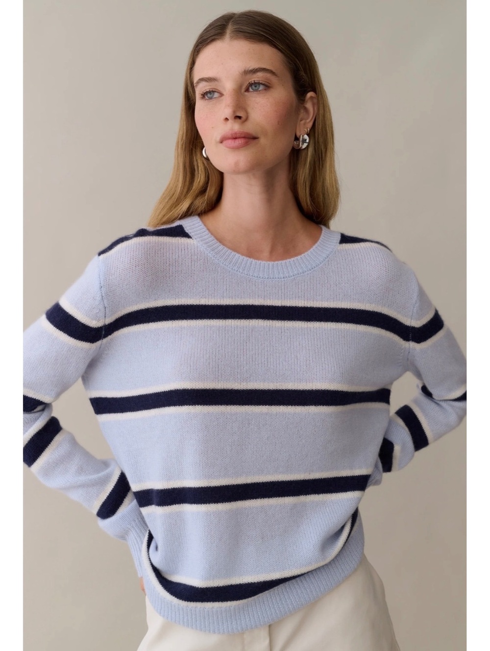 CAARA by Few Moda Sofia Cashmere Crewneck Sweater Size XS Striped Morning Mist